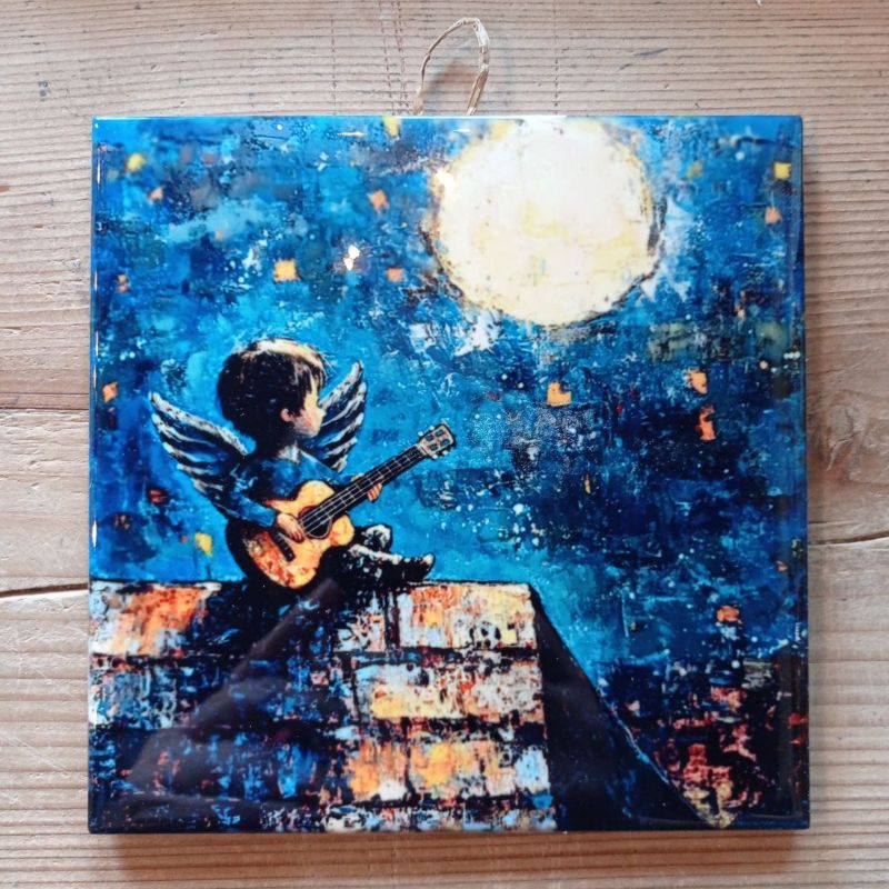 Kafel ceramiczny obrazek "Aniołek z Gitarą pod Księżycem" dekoracja ścienna - obrazek 2