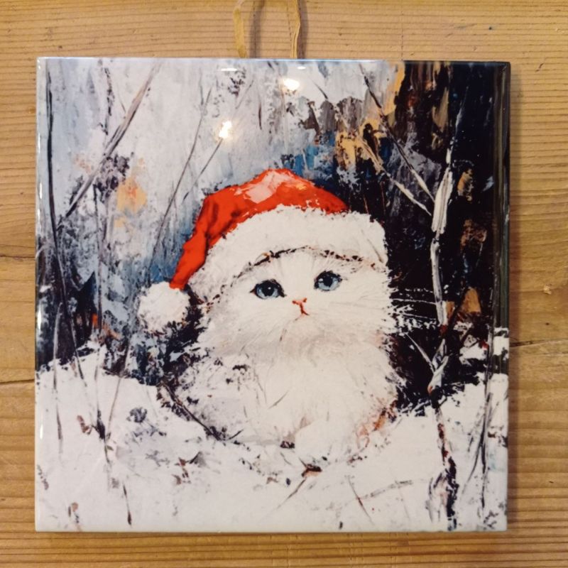Kafel ceramiczny obrazek "Świąteczny Kotek" dekoracja ścienna - obrazek 2