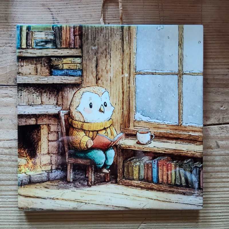 Kafel ceramiczny obrazek "Sowa-booklover przy kominku" dekoracja ścienna - obrazek 2